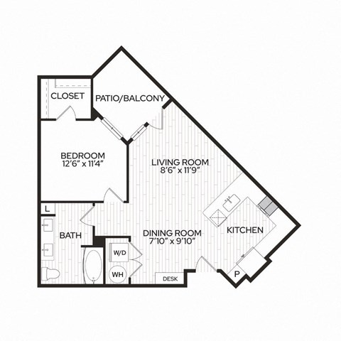 Floor plan for 1 bed, 1 bath, 748 sqft